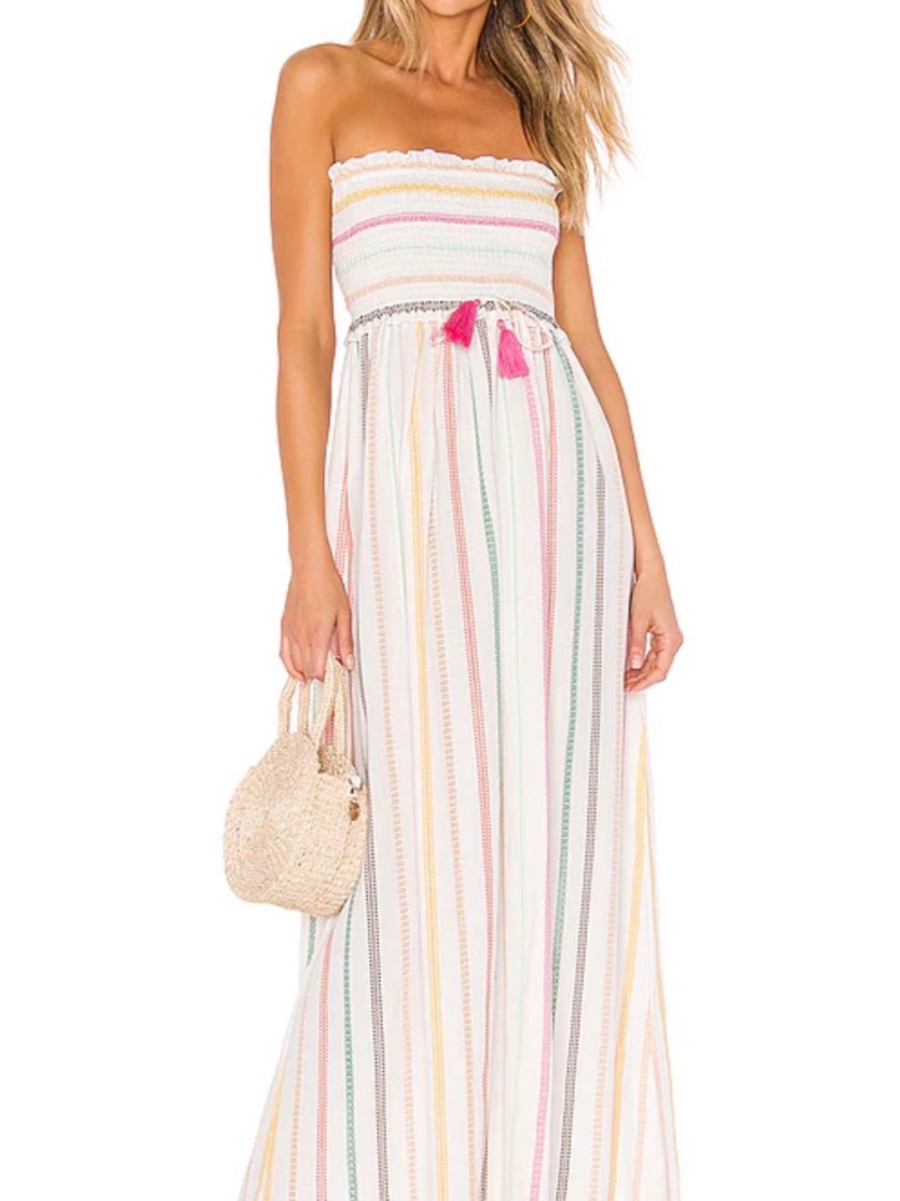 PILYQ Stephanie Strapless White Maxi Dress with colorful Stripes